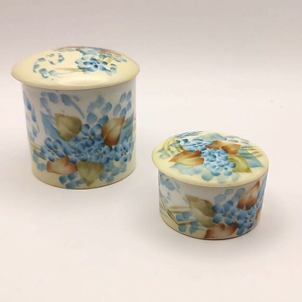 Nippon Set of 2 Vintage Hand Painted Small Vanity Lidded Dresser Jars